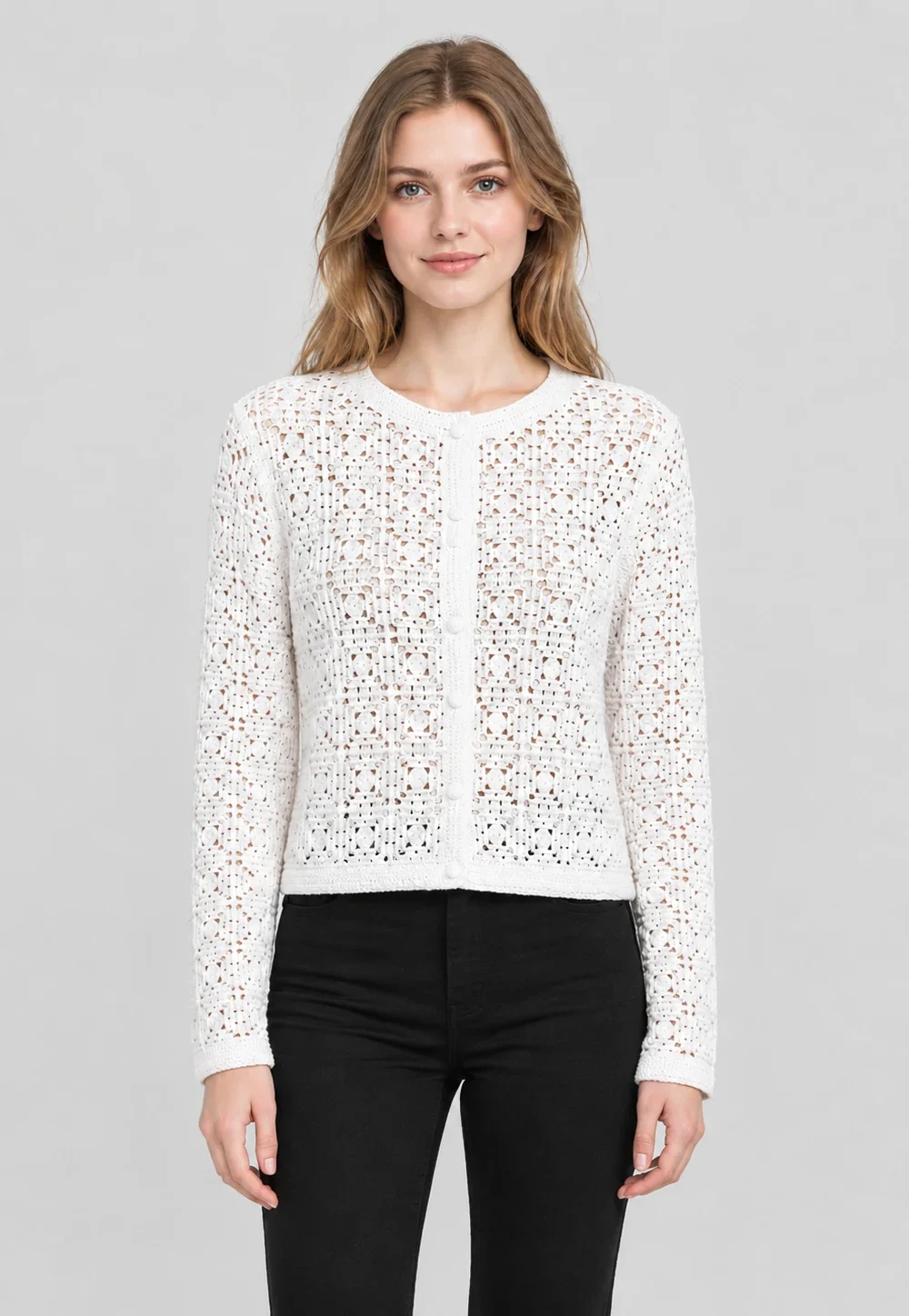 Crochet-Look Button Cardigan