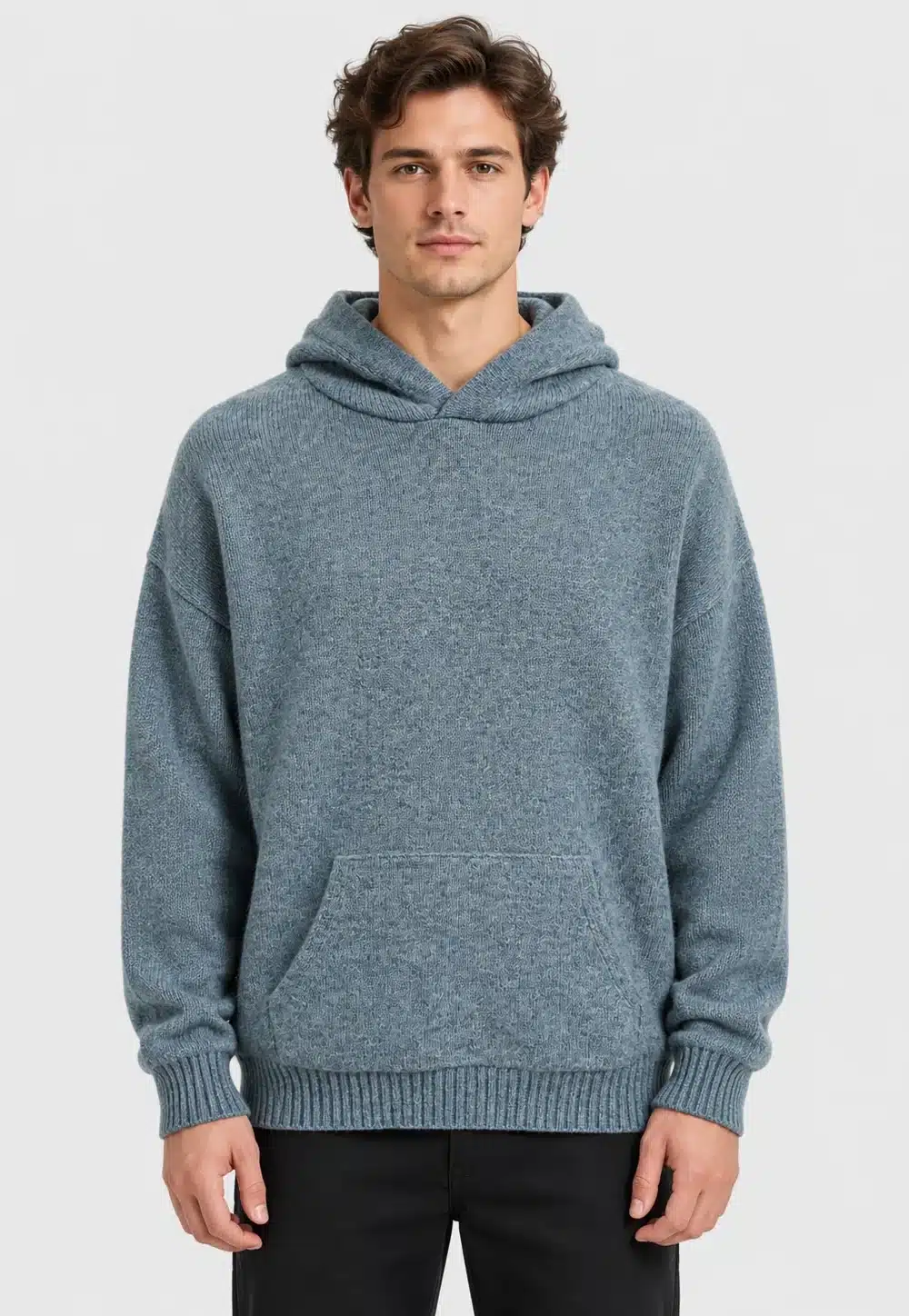 Blauwe gebreide hoodie van Heather met capuchon en kangoeroezak