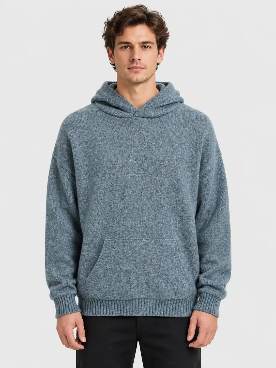 Heather Blue Knit Pullover Hoodie with Kangaroo Pocket 1 Blauwe gebreide hoodie van Heather met capuchon en kangoeroezak