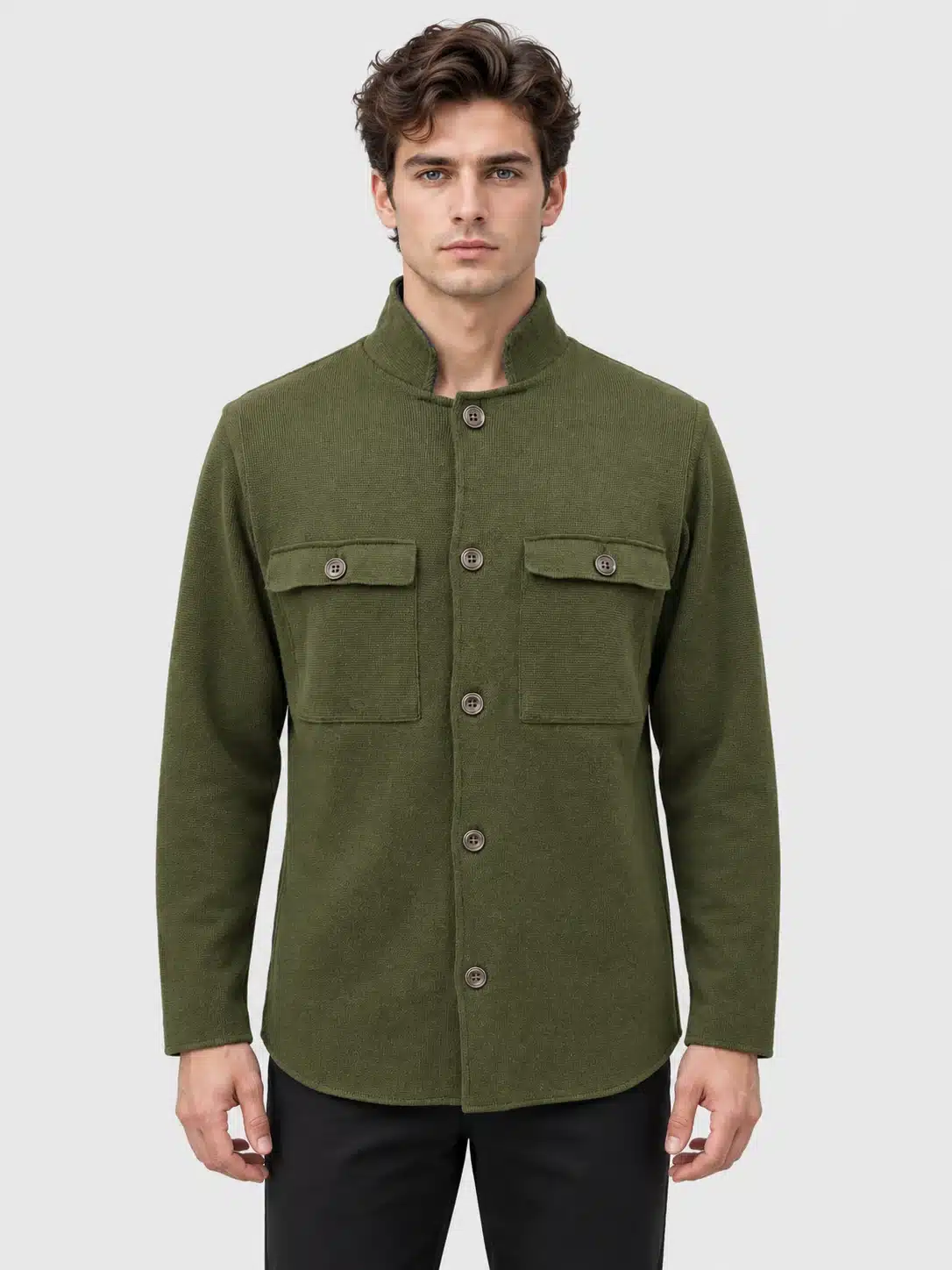 Olive Green Knit Button-Up Jacket with Flap Pockets 1 Olijfgroen gebreid jasje met knopen en klepzakken