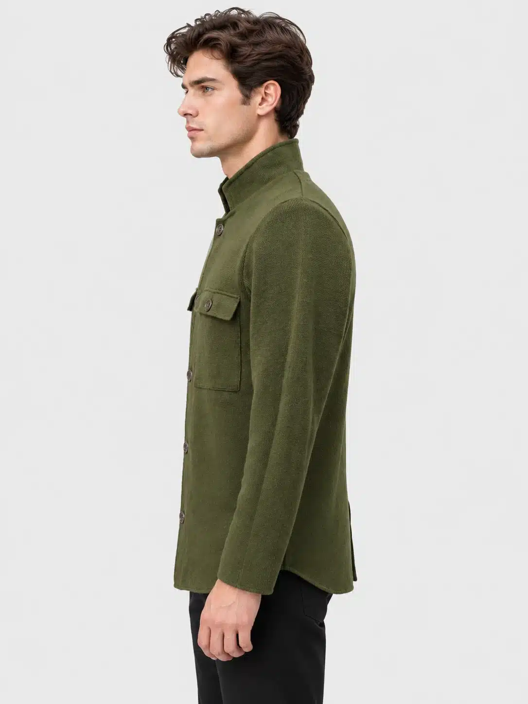Olive Green Knit Button-Up Jacket with Flap Pockets 3 Olive Green Knit Button-Up Jacket with Flap Pockets - Afbeelding 3