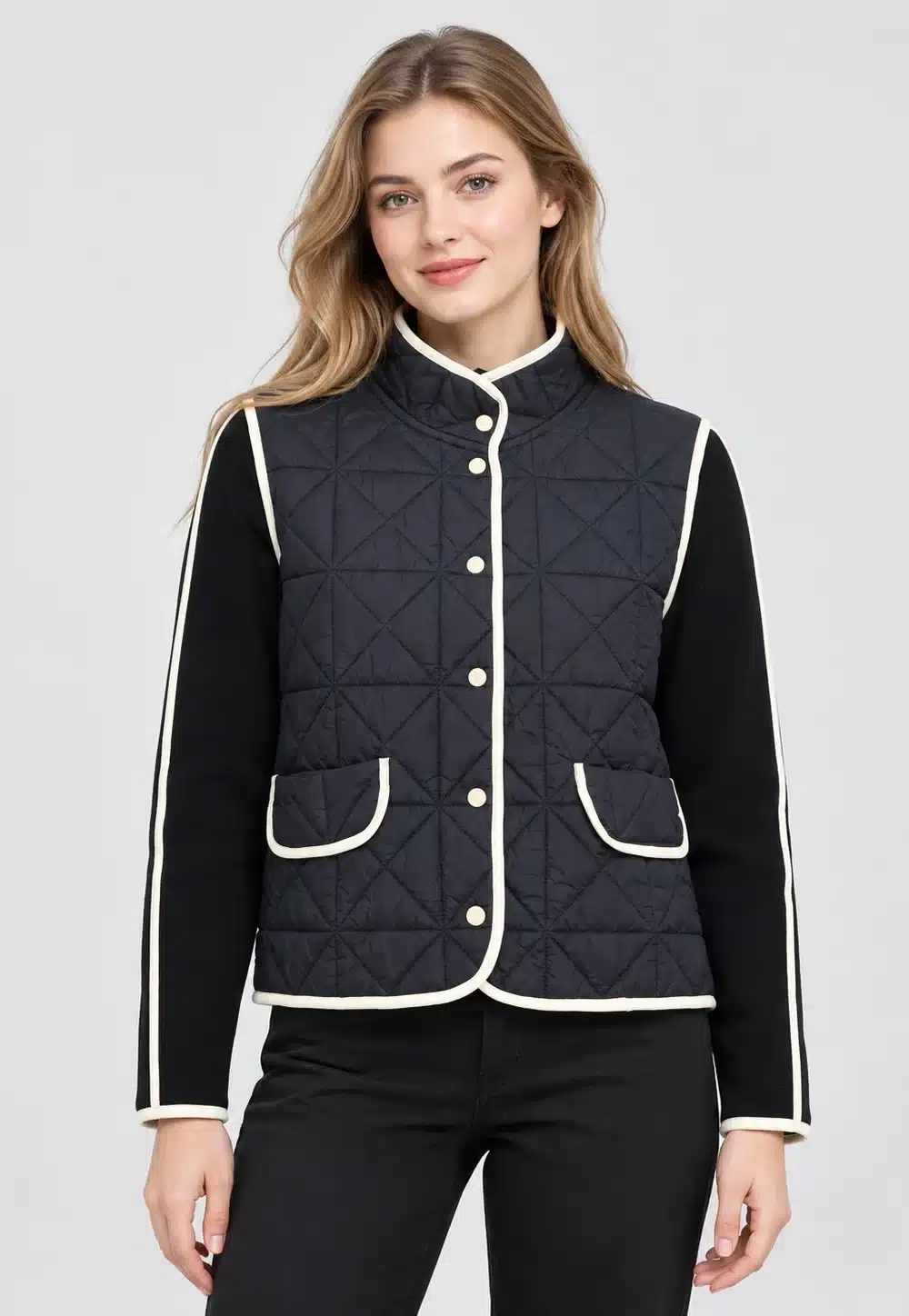Women's Black Quilted Panel Knit Jacket with Contrast Piping