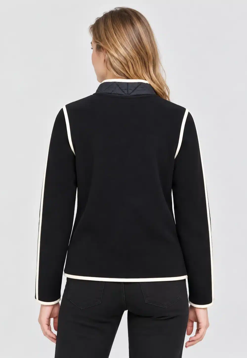 Women’s Black Quilted Panel Knit Jacket with Contrast Piping