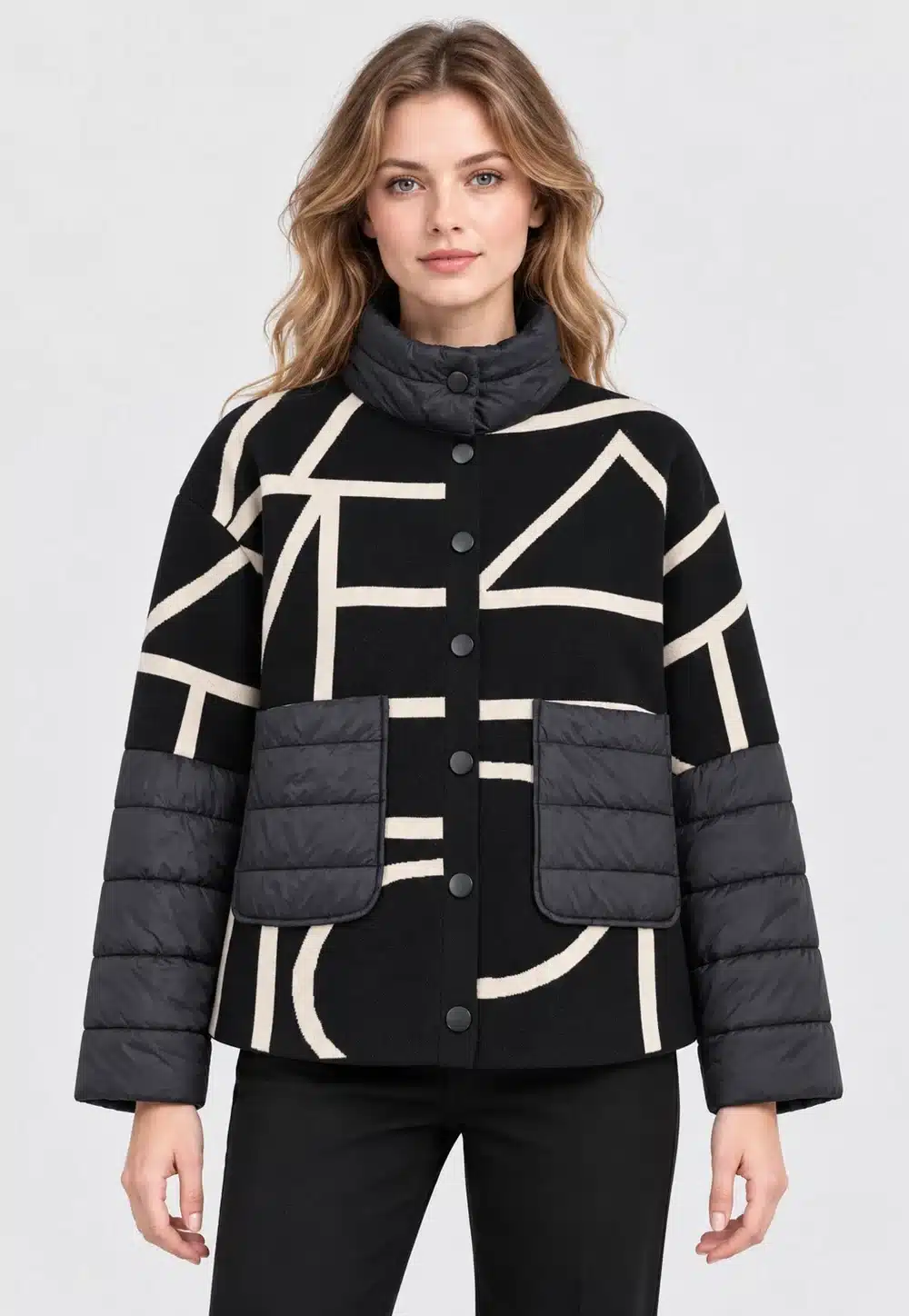 Women's Black Geometric Jacquard Knit and Quilted Jacket