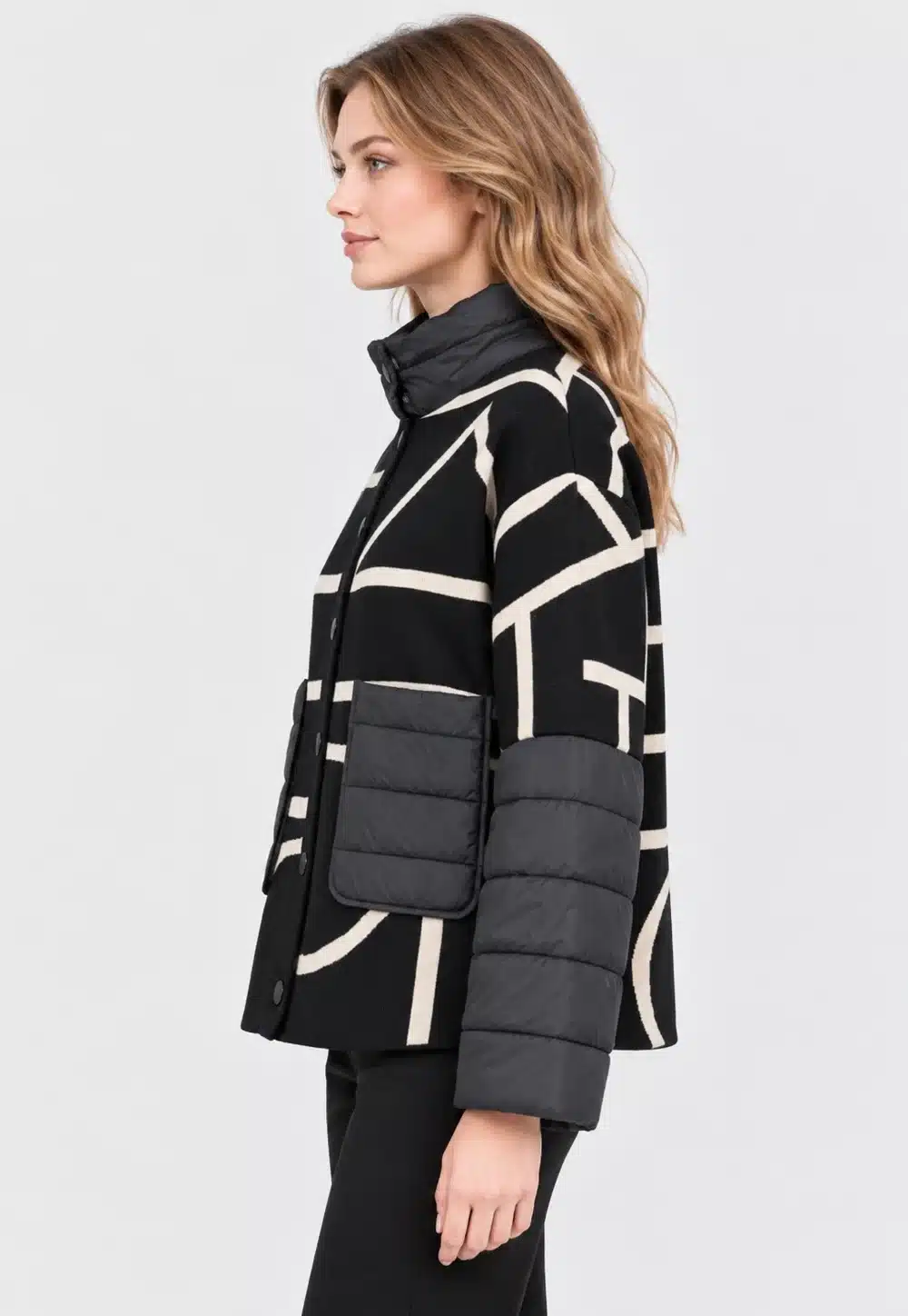 Women’s Black Geometric Jacquard Knit and Quilted Jacket