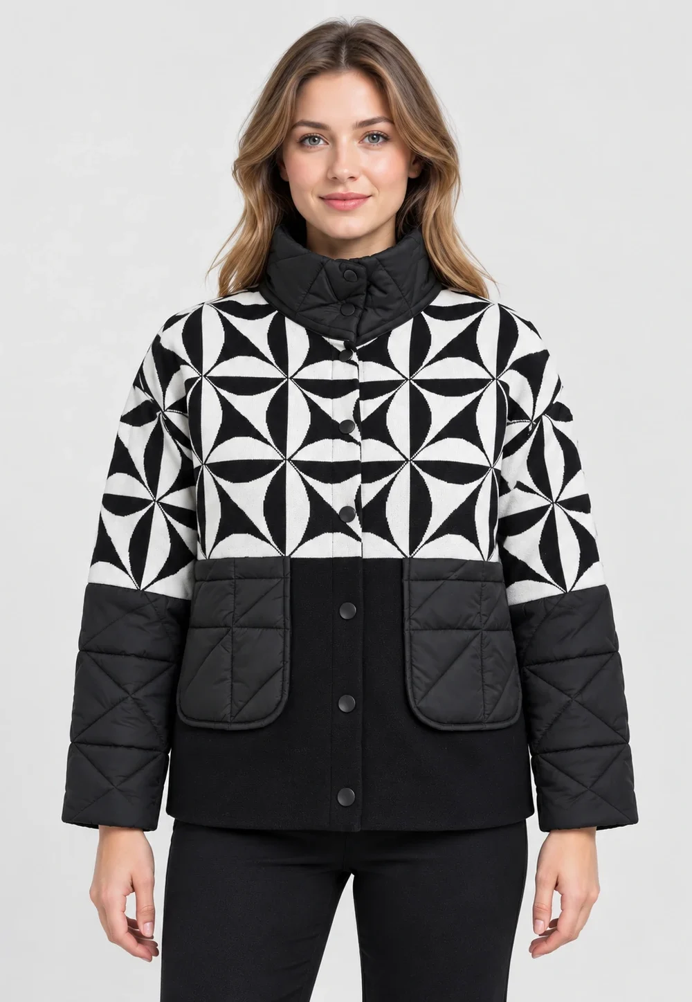 Women's Black and White Geometric Knit Quilted Panel Jacket