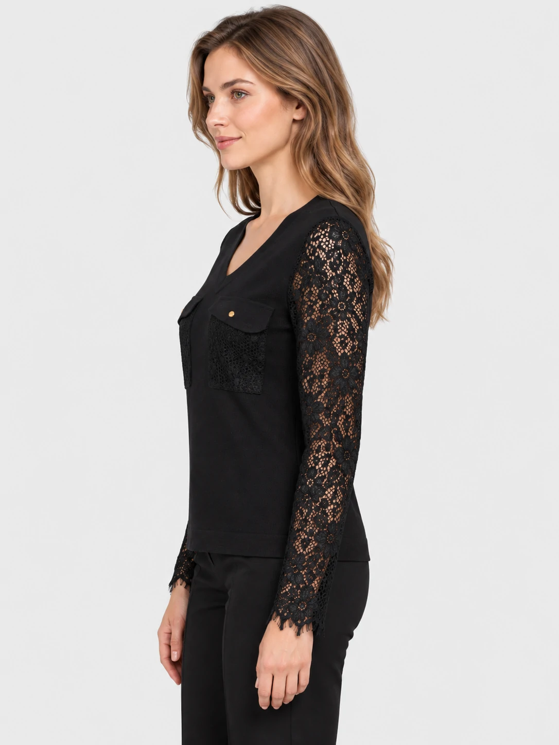 Women's Black V-Neck Knit Top with Floral Lace Sleeves 3 Women's Black V-Neck Knit Top with Floral Lace Sleeves - Imagen 3