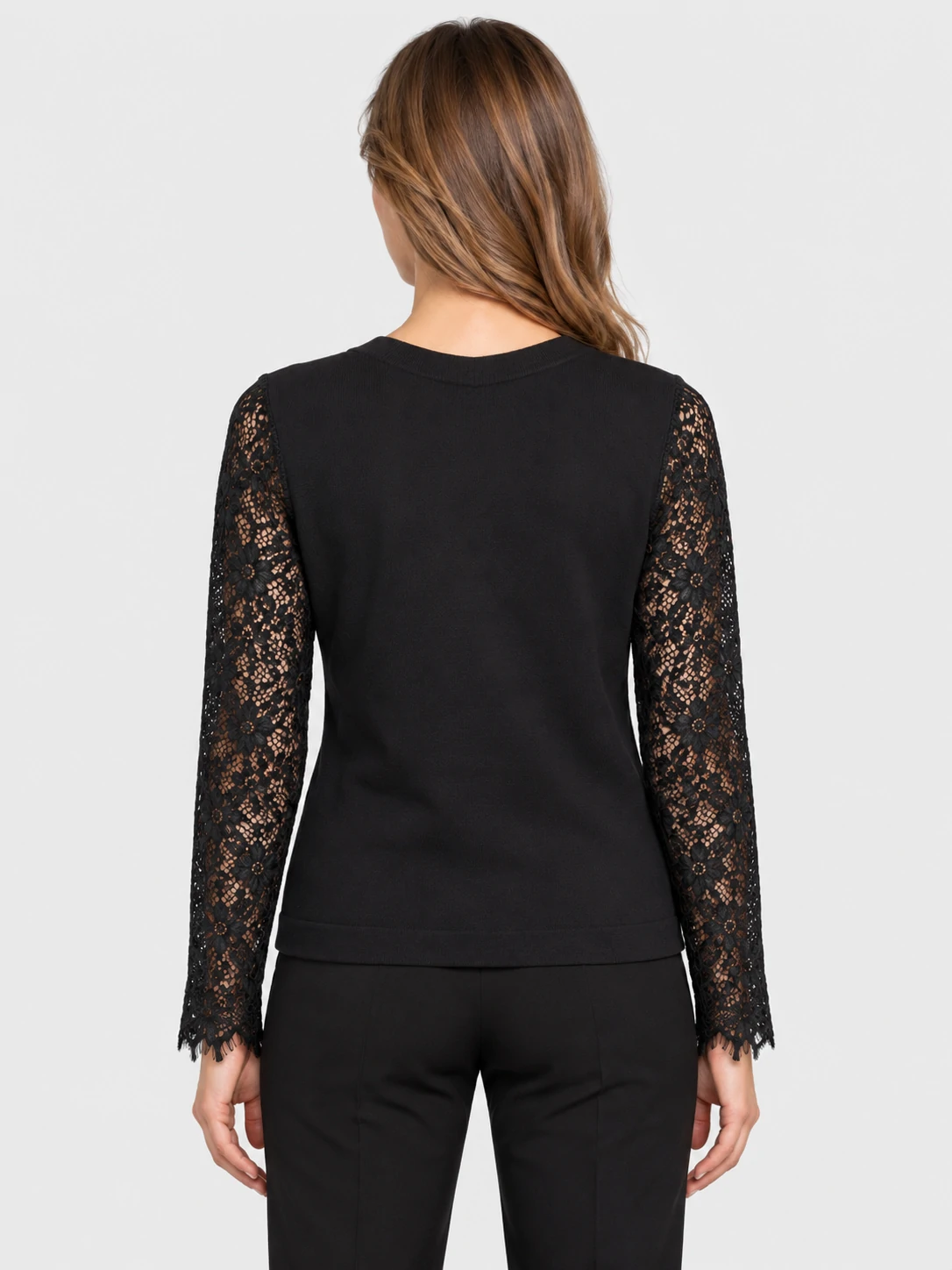 Women's Black V-Neck Knit Top with Floral Lace Sleeves 2 Women's Black V-Neck Knit Top with Floral Lace Sleeves - Imagen 2