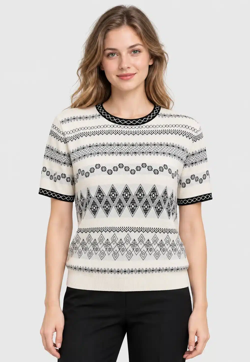 Women's Geometric Jacquard Short Sleeve Knit Sweater