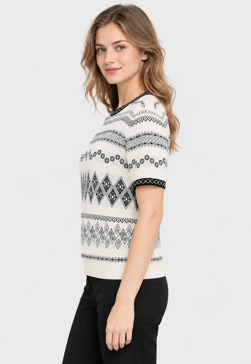 Women’s Geometric Jacquard Short Sleeve Knit Sweater