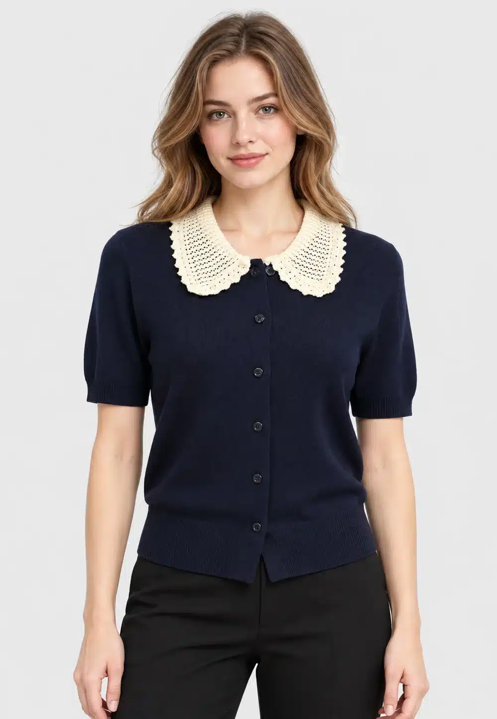 Women's Contrast Collar Short Sleeve Knit Cardigan
